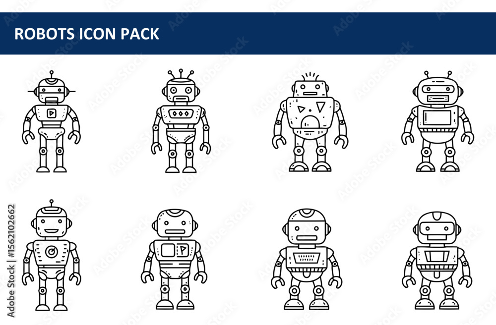 Poster robot icon pack featuring various robot designs in a flat, line art style. collection of diverse rob