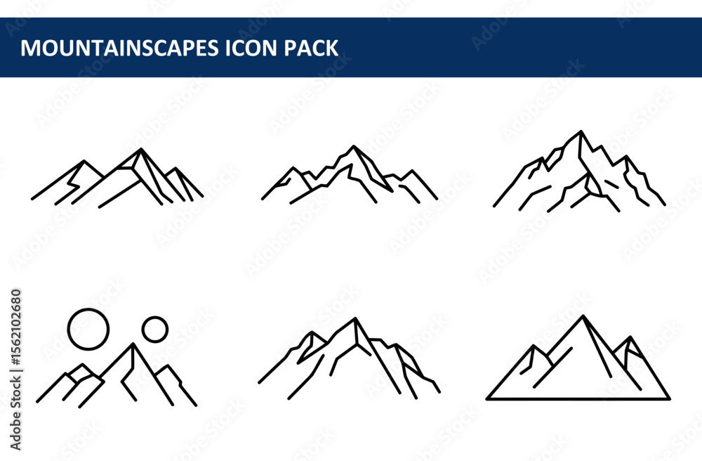 Poster mountain silhouettes in a graphic design set. simple line art renderings of mountain ranges in vario