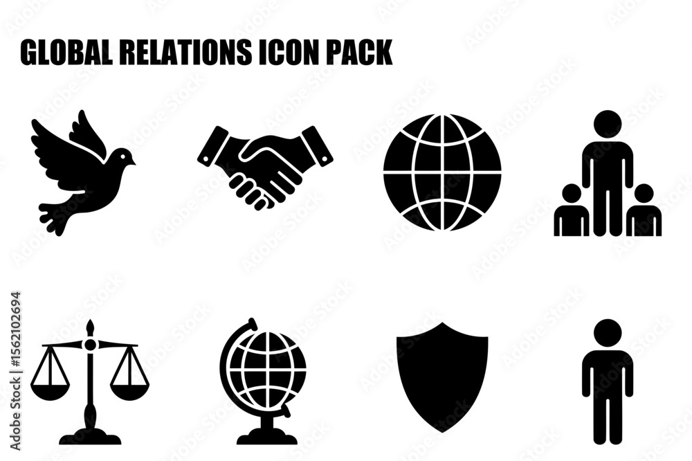 Poster global relations icon set with diverse symbols in a simple design. collection of diverse icons for g