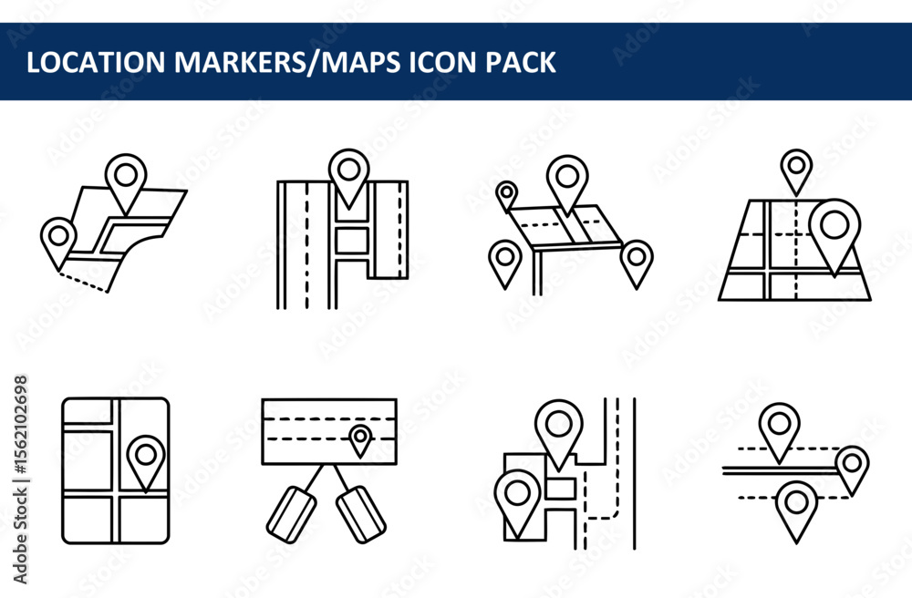 Poster location markers/maps icon pack showing various map views with location pins. simple, clear, and ill