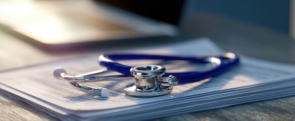 The stethoscope resting on medical paperwork in a healthcare setting.