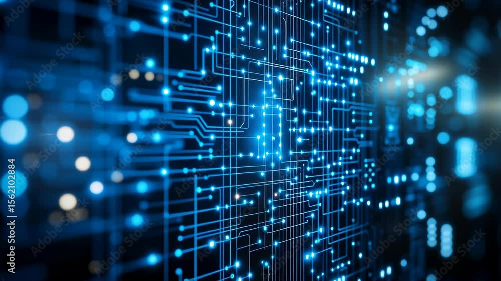 Poster digital circuit board with glowing blue lines futuristic technology background and data flow