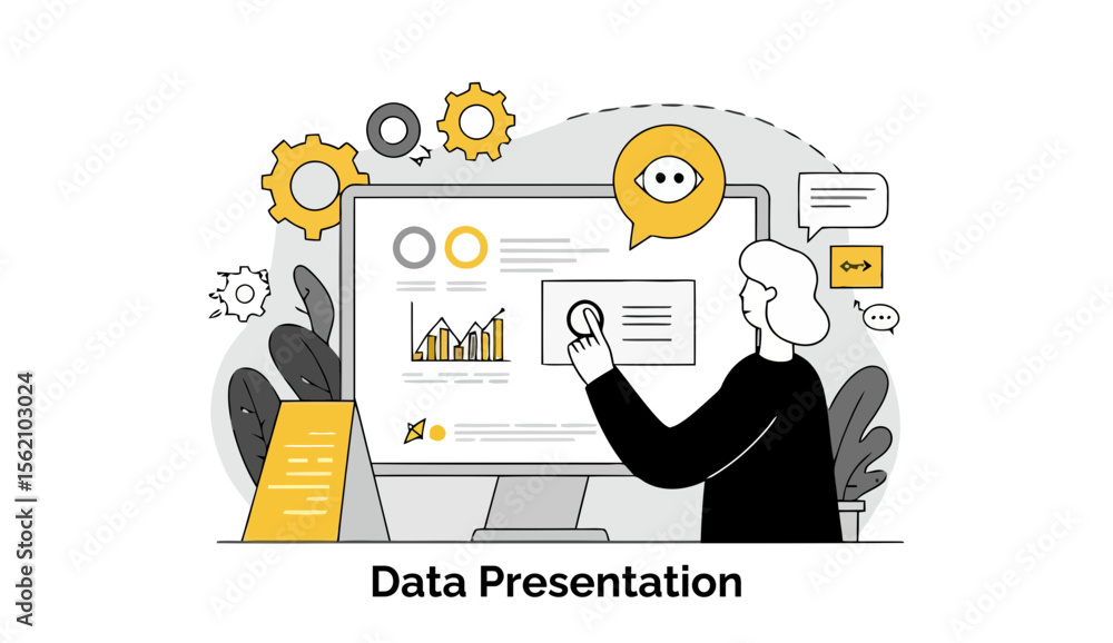 Poster female professional presenting data on a large screen in a modern office setting. she interacts with