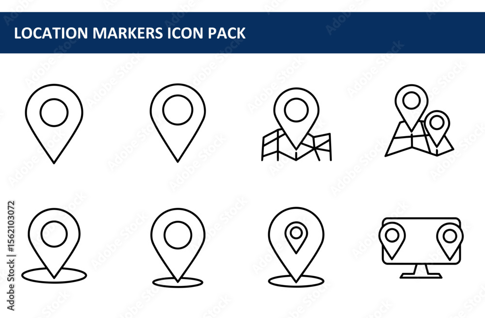 Poster location markers icons in various styles. simple graphic representations of location markers with va