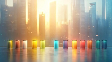 Vibrant colorful drinks display urban cityscape digital art bright environment wide angle contemporary concept