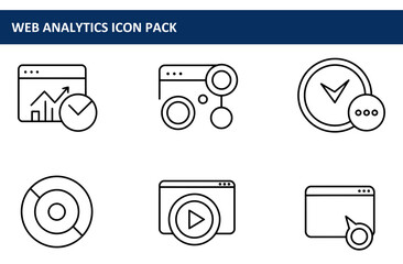 Web analytics icon set of various data visualization and management elements. Simple, modern, and versatile icons with a clean line style.
