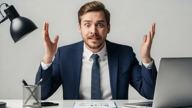 Businessman in Blue Suit Expressing Shock and Surprise in Office