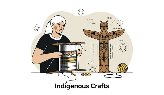 Indigenous woman crafting a textile piece with traditional totem pole in the background. Engaging in a creative activity with cultural significance.