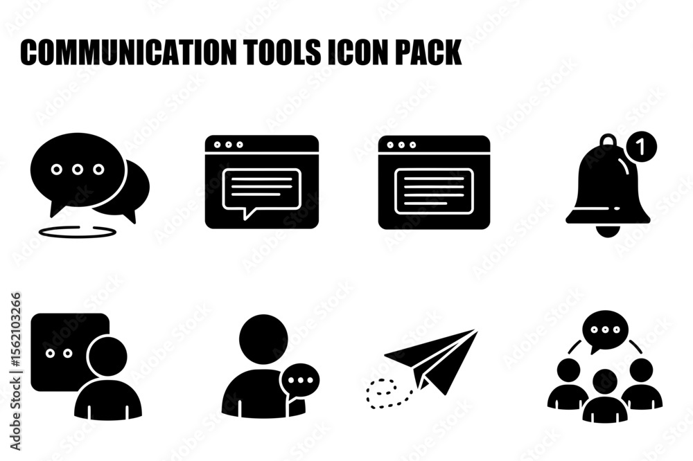 Poster black and white communication tools icons in a simple, modern style. flat icons representing messagi