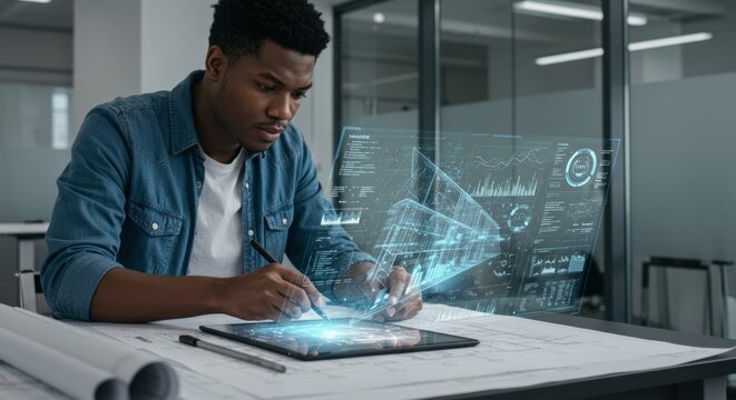 Focused young man working on digital design, holographic projections on tablet