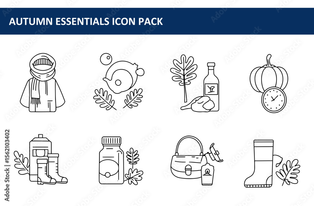 Poster autumn essentials icon pack featuring various items in a simple line art style. a collection of ever