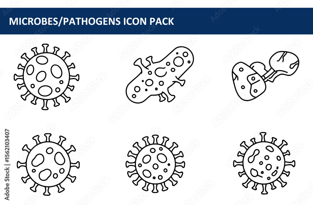 Poster microbe/pathogen icons set in a simple, line art style. illustrations of various microorganisms in a