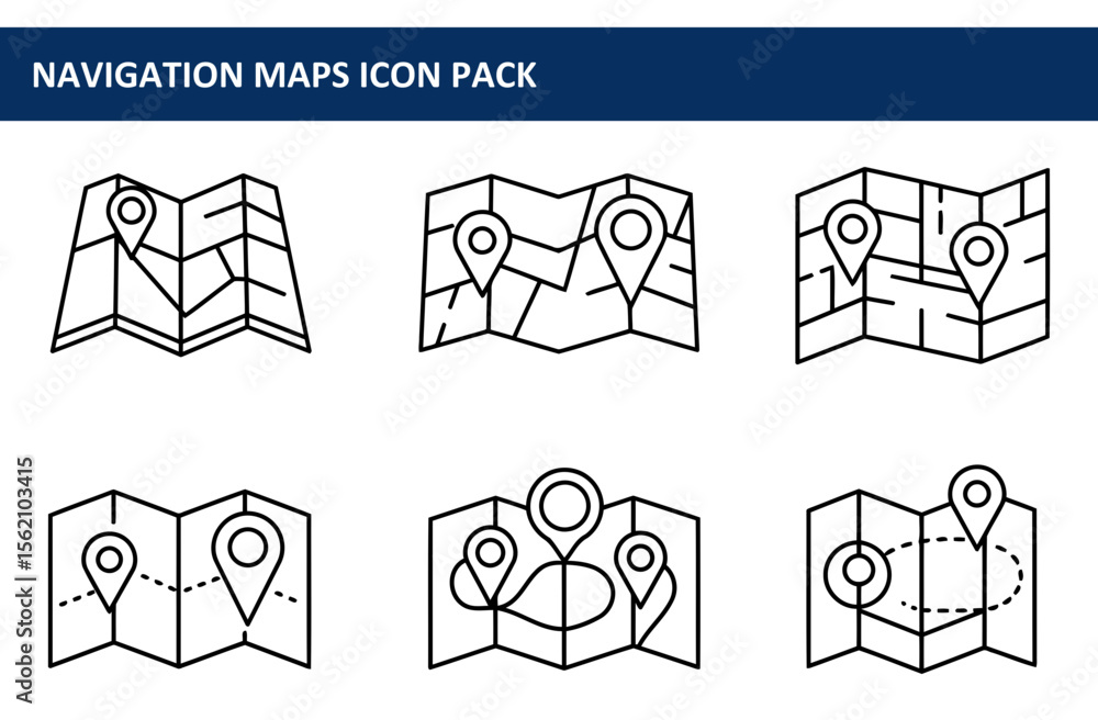 Poster Navigation maps icon pack showing various maps with location pins. Simple line art style icons for website or app design.