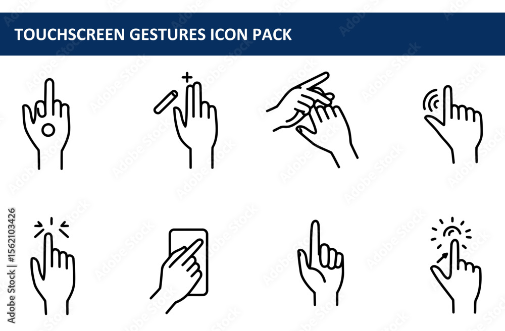 Aufkleber touchscreen gestures icon set showing various hand actions for user interface design. line art illus