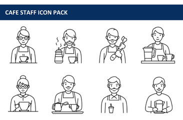 Cafe staff icons in various actions with coffee/beverage preparation. Diverse cafe workers serving beverages and preparing drinks in a cafe setting.