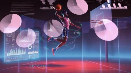 Basketball player dunking with digital graphics overlay - Powered by Adobe