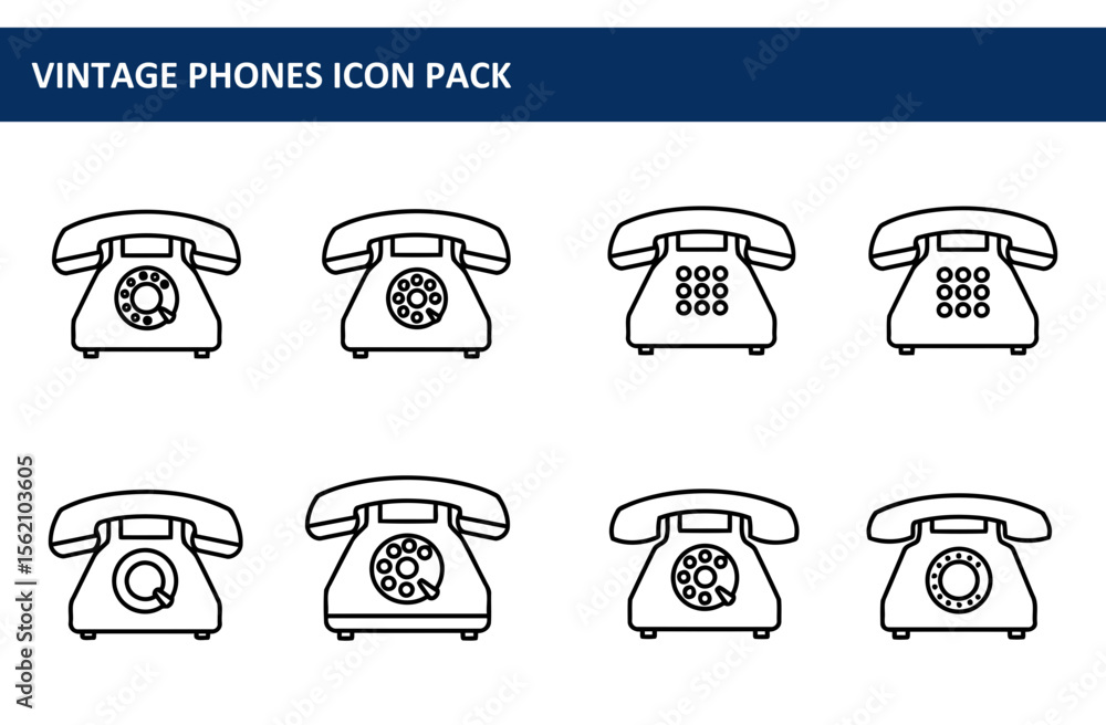 Poster vintage telephone icons in various styles. simple line art illustrations of rotary dial and push but