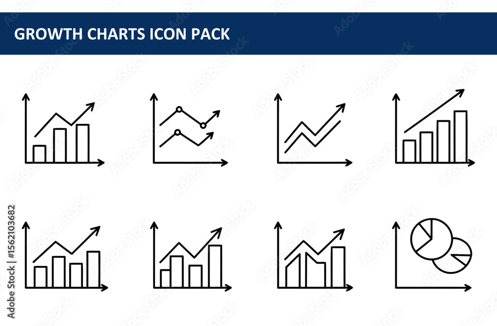 Poster growth charts icons in a variety of formats depicting upward trends. simple line drawings of graphs 