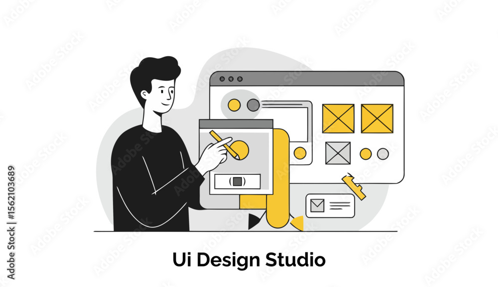 Poster Young male UI designer working on design mockups in a digital workspace. Engaged in the process of creating a user interface with digital tools.