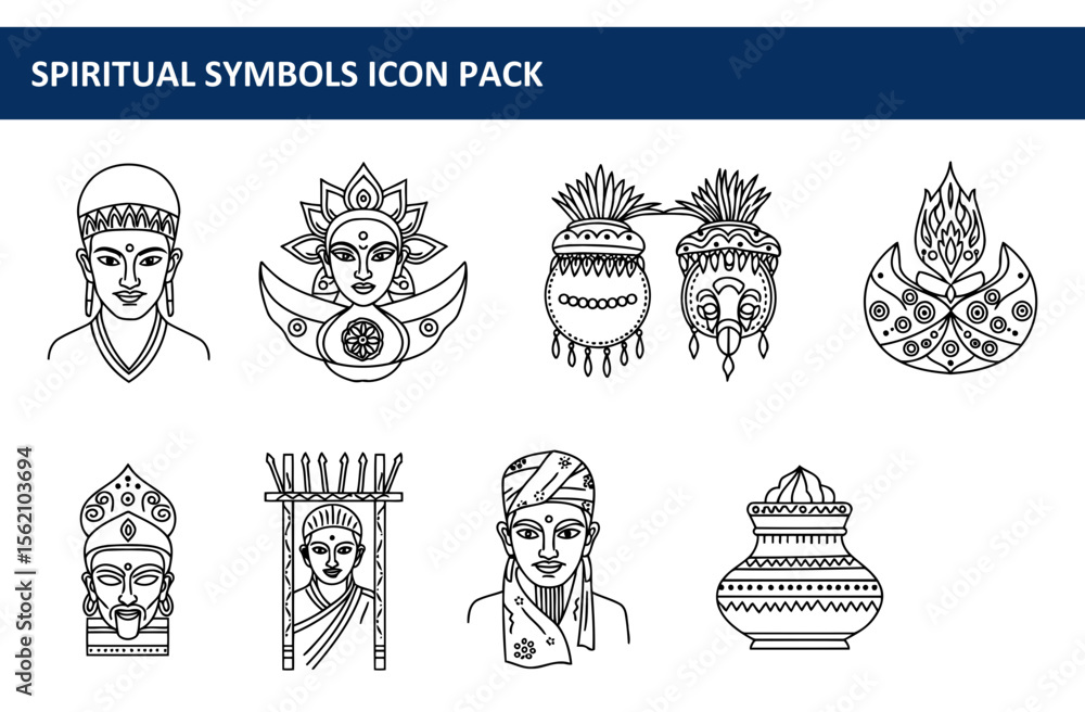 Poster spiritual symbols collection of various religious figures and objects in a simple line art style. se