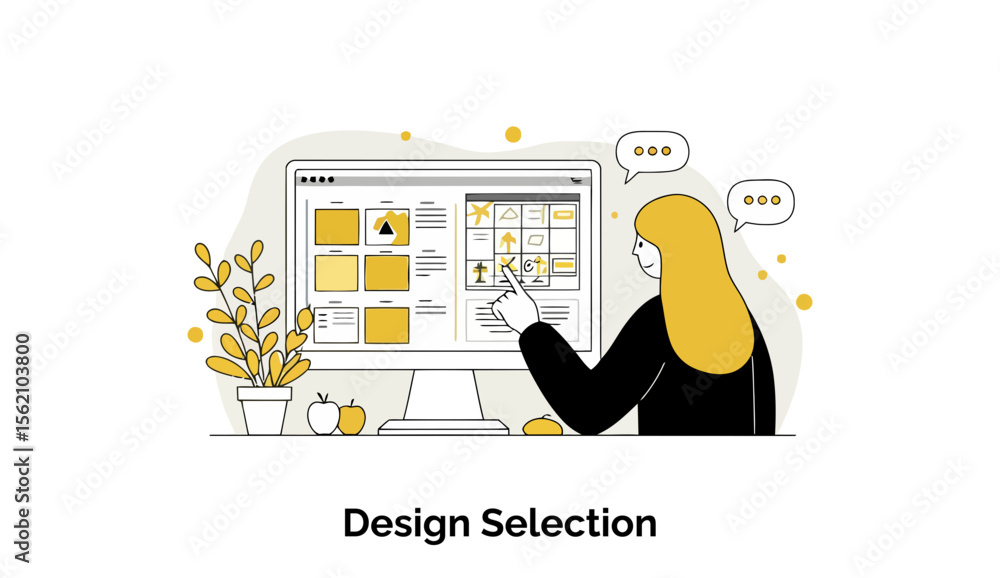 Poster female graphic designer in business attire selecting design elements on a computer screen in a home 