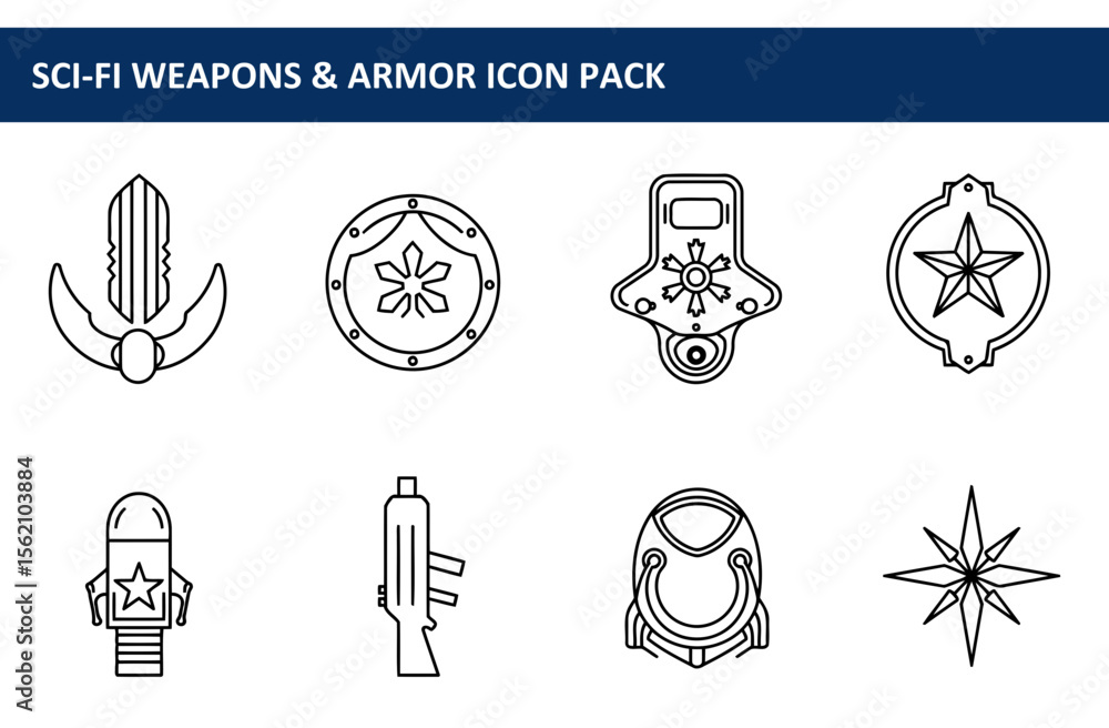 Poster sci-fi weapons and armor icons in a collection of outline illustrations. collection of futuristic we