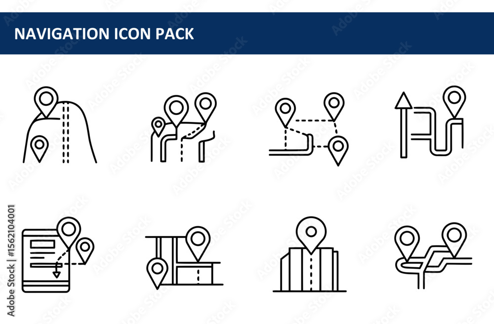 Poster navigation icons depicting various routes and locations. collection of simple, line art icons for na