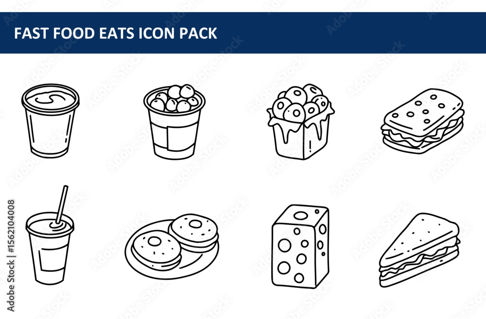 Poster fast food items in various packaging displayed in a line drawing style. simple illustrations of drin