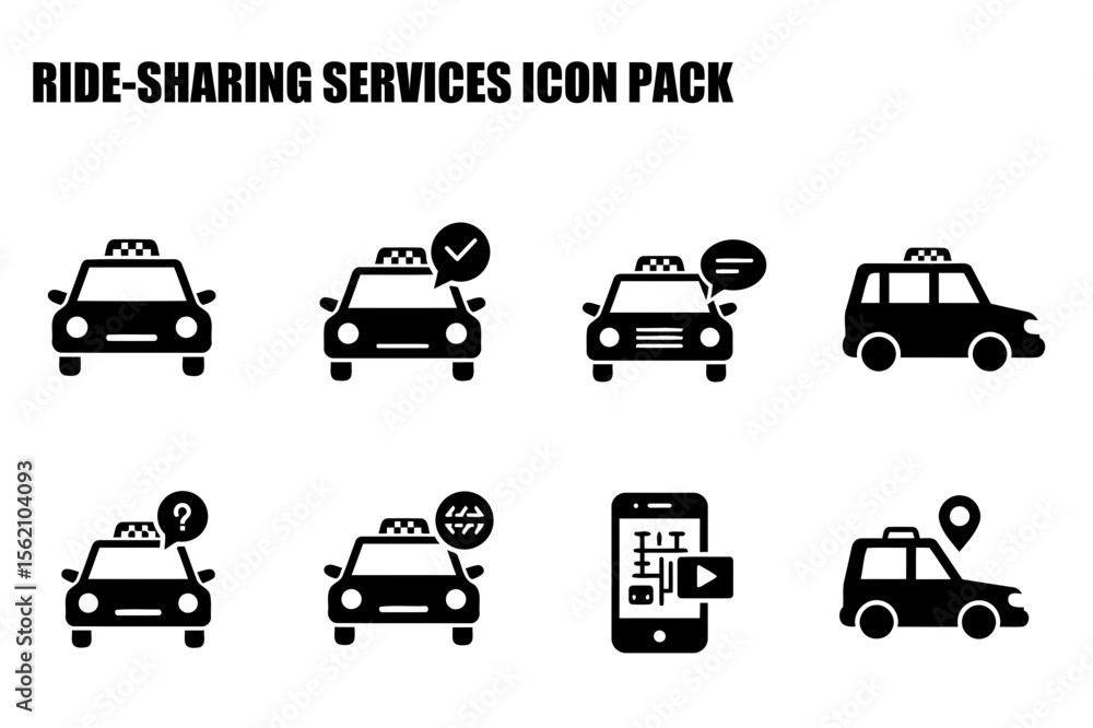 Poster ride-sharing services icons featuring various actions and details, for use in an app or website.