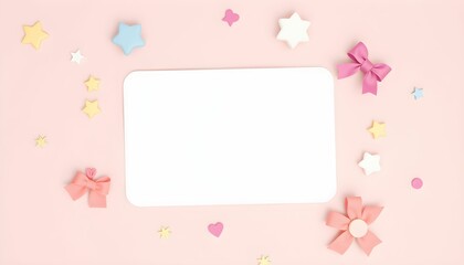 Blank white card surrounded by pastel stars, bows, and confetti on a light pink background.