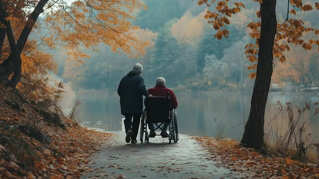 elderly couple walking in the woods
