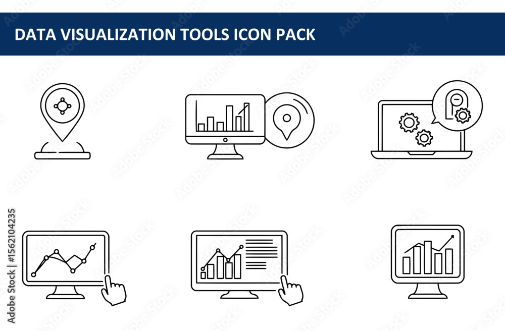 Poster data visualization tools icon pack displaying various data representation methods, including locatio
