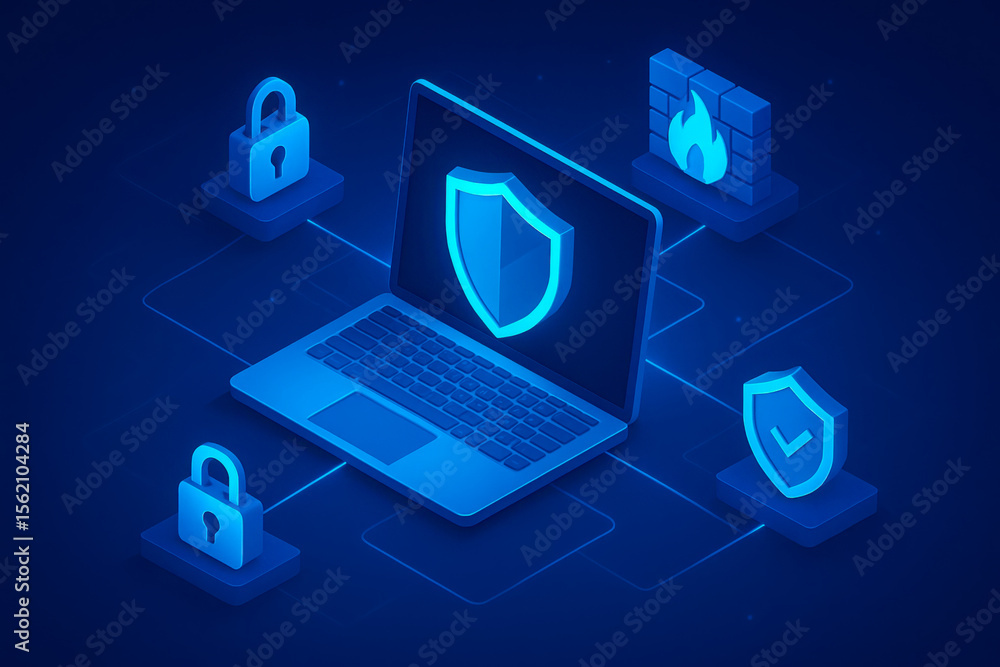 Poster digital security concept with laptop shield padlock and firewall icons on a network grid