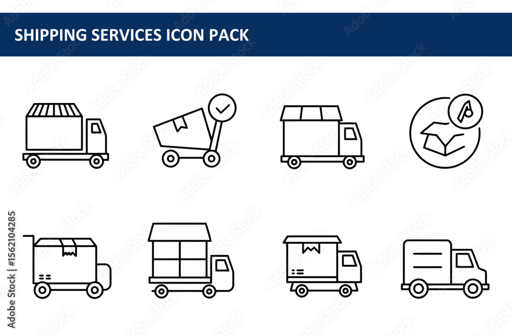 Poster shipping services icon pack featuring various types of delivery trucks in a simple line art style. d