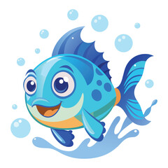 Fototapeta premium Cheerful blue fish swimming with bubbles cartoon fish