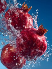 Pomegranates Splashing in Water Against a Blue Background