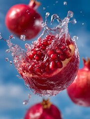 Pomegranate Bursting with Seeds Amidst Water Splash