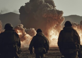 Soldiers watch towering explosions and dark smoke clouds rise into the sky on a rugged battlefield, capturing raw power, devastation and the tense reality of modern warfare.



