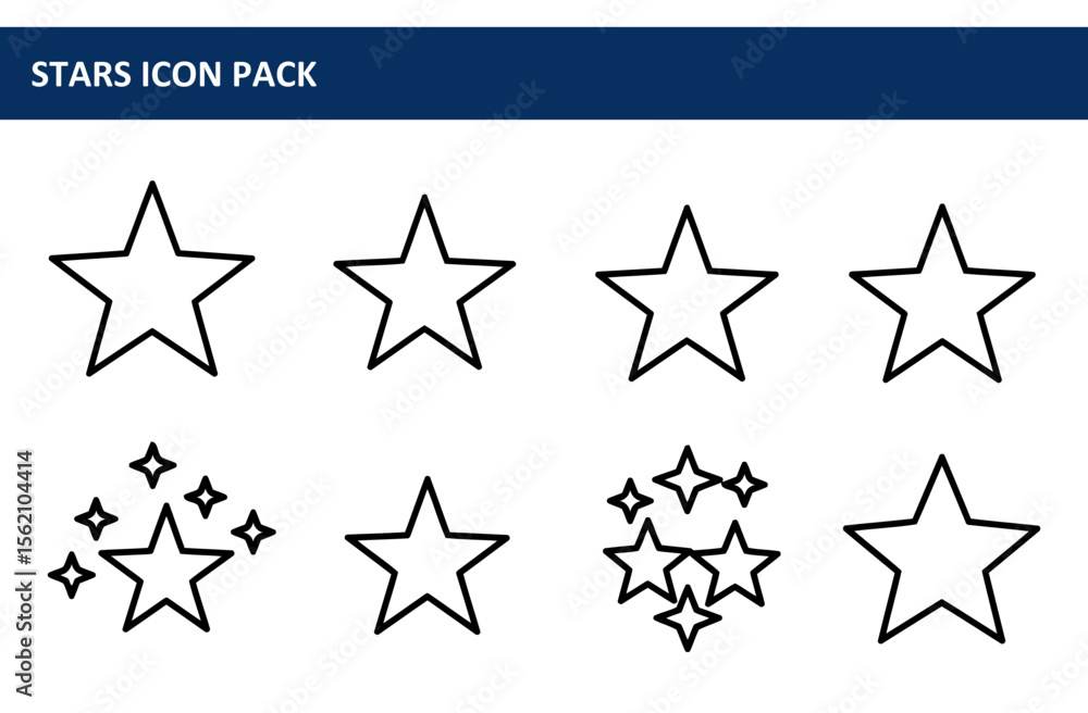 Poster simple star icons in various styles for user interface design. basic shapes displayed against a plai
