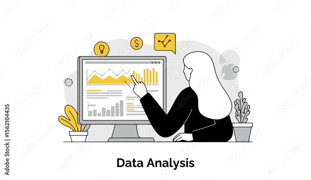 Poster female data analyst in business attire examining data on a computer screen in a modern office settin