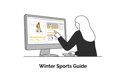 Female researching winter sports online in a professional setting. Woman pointing at winter sports guide on a computer screen in an office.