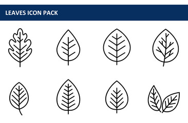 Leaf icons in various shapes and structures. Simple line art design for use in graphical user interface.
