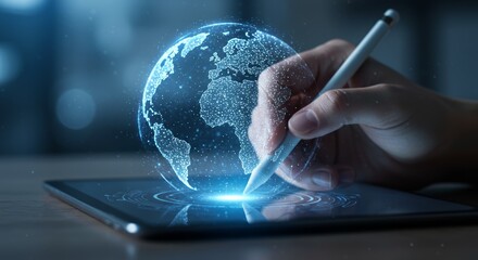 Hand drawing a digital globe on a tablet