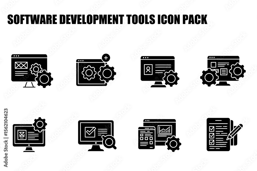 Poster software development tools icon pack depicting various computer screen functions with integrated gea