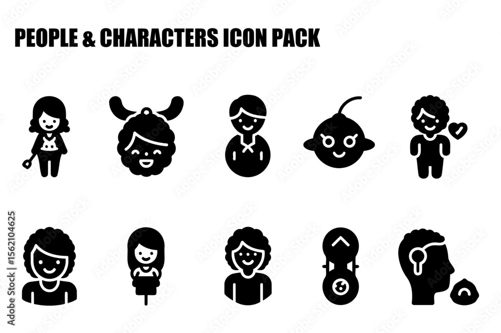 Poster diverse characters in various poses and settings. icons of people and characters in different clothi