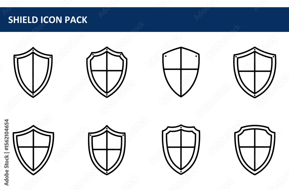 Poster shield icon pack displaying various shield shapes with decorative details. simple, outline graphics 