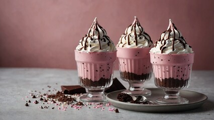 Aesthetic Pink Ice Cream Cups with Whipped Topping and Chocolate Sprinkles in a Stylish Arrangement