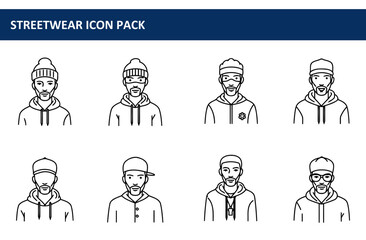 Streetwear icons of male figures in various winter caps and hoodies. Portraits of men wearing trendy apparel against a plain white background.