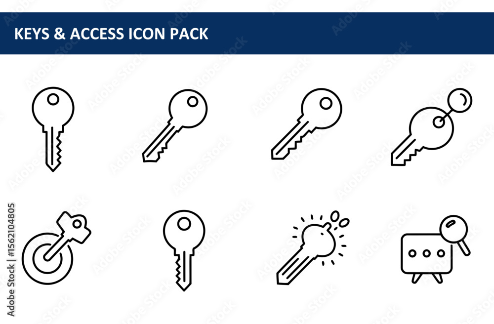 Poster generic key icons in various poses/actions. simple line art icons of keys on a white background.