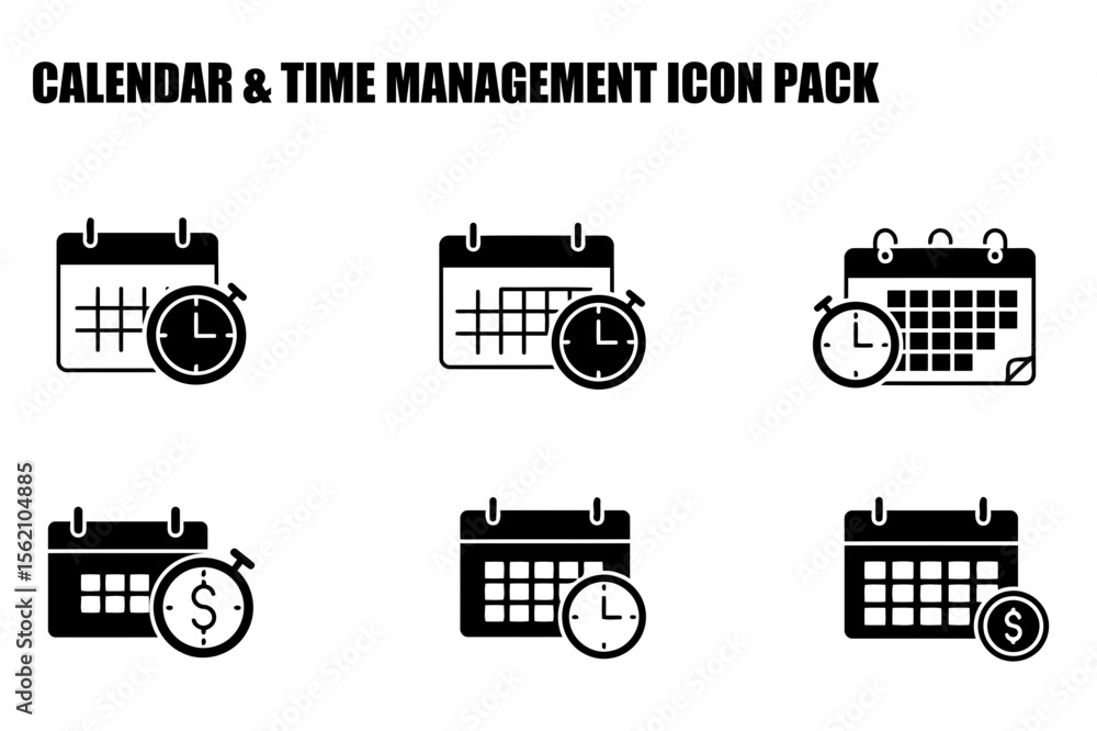 Poster calendar and timer icons for time management, various combinations of calendar, timer and dollar sig